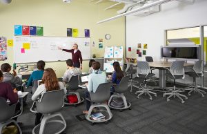 The Node chair on casters allows for movement between independent and group work, and offers each student their own work surface -- a necessity for introverts.